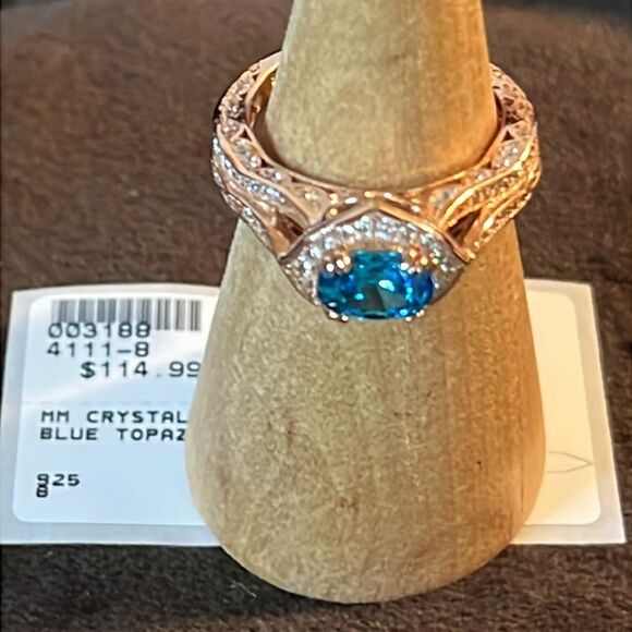 Gorgeous Blue Topaz & Crystal Ring in Rose Gold over Sterling size 8 - Picture 3 of 11